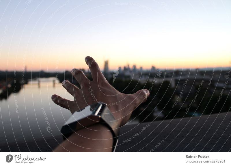 Sehnsucht - eine Hand greift nach dem Horizont Abenteuer Ferne Freiheit Junger Mann Jugendliche Erwachsene Schönes Wetter Flussufer Frankfurt am Main Skyline