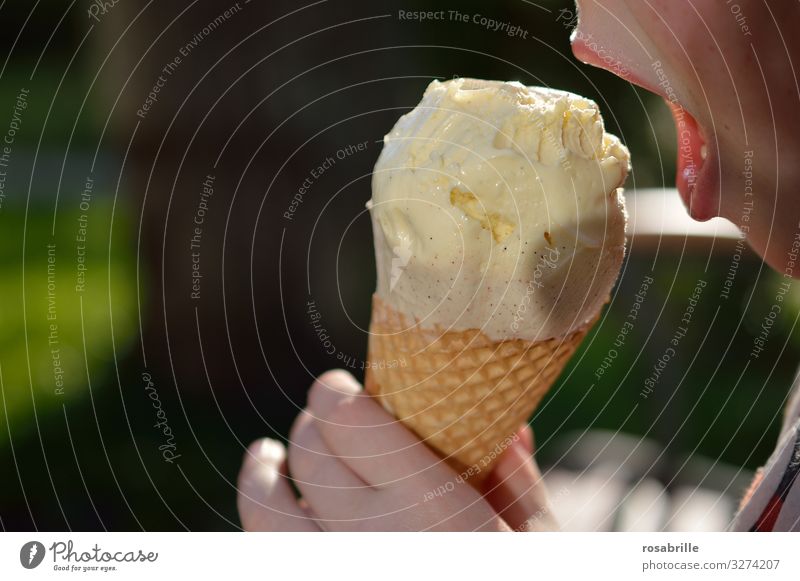 Mund eines kleinen Kindes der sich erwartungsvoll über einer Kugel Vanilleeis in der Waffel öffnet Dessert Speiseeis Essen Sommer Mensch Kindheit Lippen 1