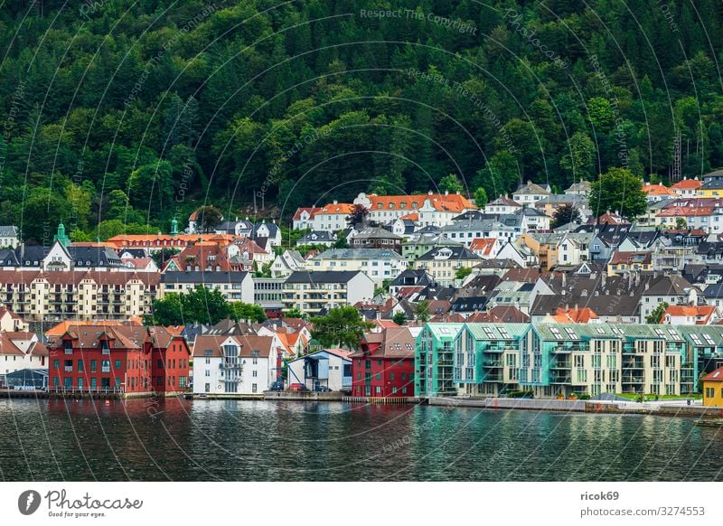 Blick auf die Stadt Bergen in Norwegen Ferien & Urlaub & Reisen Tourismus Meer Berge u. Gebirge Haus Natur Landschaft Wasser Baum Wald Hügel Gebäude Architektur