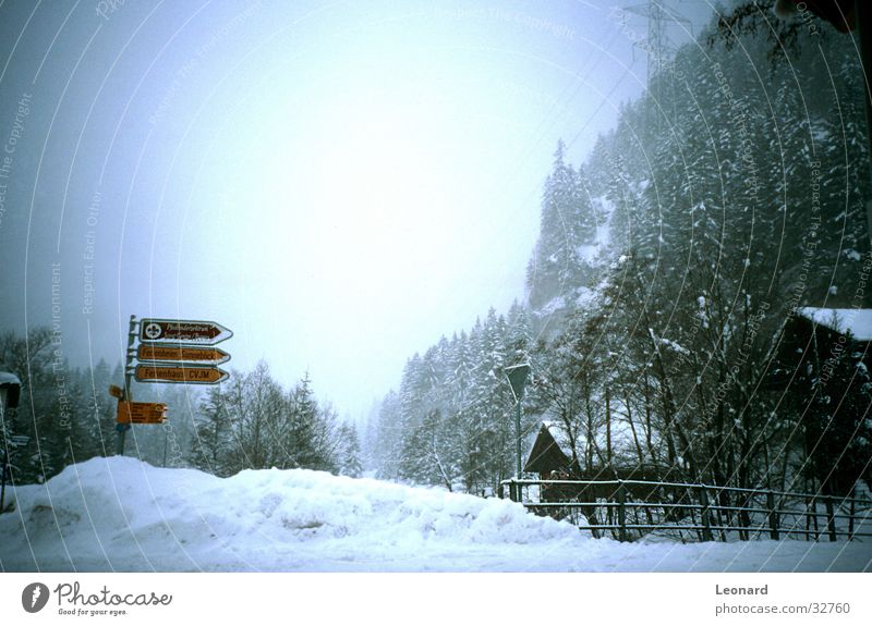 Schnee Baum Haus Berge u. Gebirge Pfosten Zeichen elektrische kabel snow hill mountain tree Hut sign