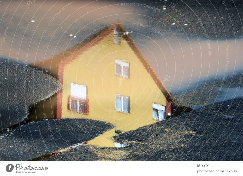 Haus Wasser Fenster nass Pfütze Reflexion & Spiegelung Straße Unwetter Farbfoto mehrfarbig Außenaufnahme Nahaufnahme Menschenleer Sonnenlicht