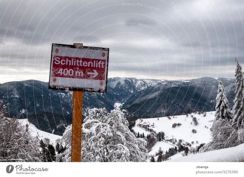 Eiszeit | Utopie Freizeit & Hobby Tourismus Natur Landschaft Himmel Gewitterwolken Winter Klima Schnee Baum Berge u. Gebirge Skilift Schriftzeichen