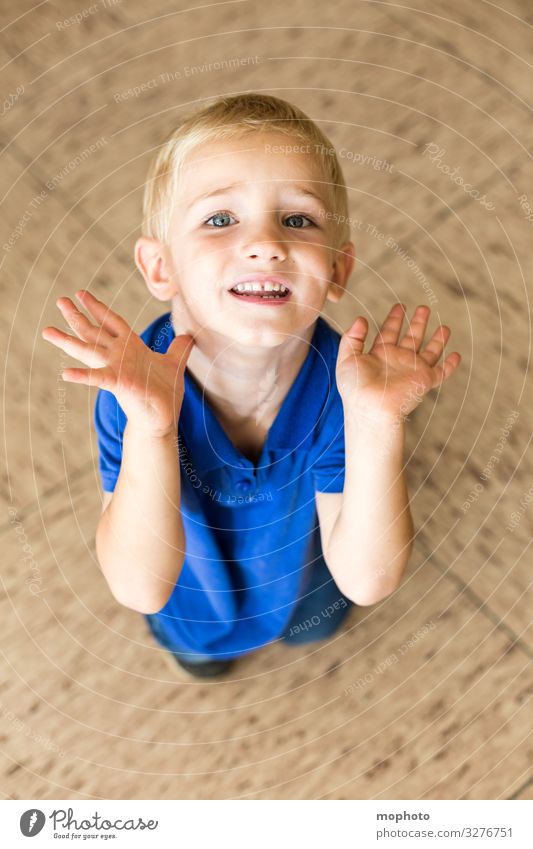 Kleiner Junge hebt abwehrend die Hände Kleinkind abwarten angst arme augen bittend blick blick in die Kamera boden gesicht gewalt heben hebt hände junge knien