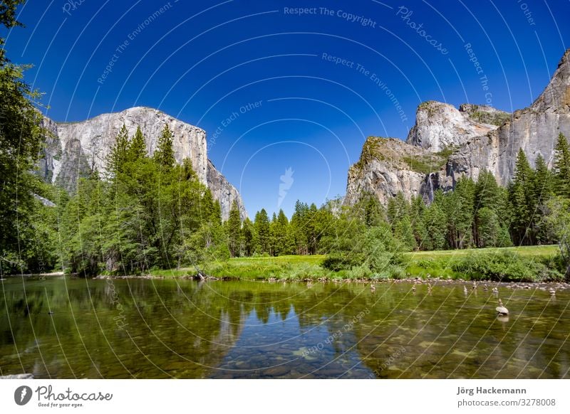 Merced River mit dem berühmten Rock el Captain im Yosemite Valley Natur Landschaft Felsen Fluss Stimmung USA Yosemite NP amerika el capitan fusioniert Farbfoto