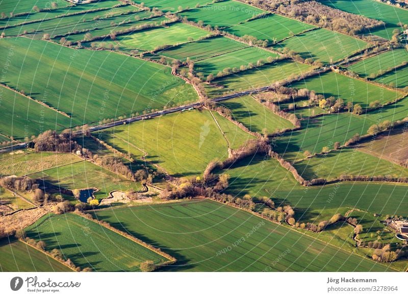 Luftaufnahme der grünen Felder und Hänge Ferien & Urlaub & Reisen Sommer Umwelt Natur Landschaft Horizont Wetter Baum Gras Wiese Verkehr Straße Autobahn