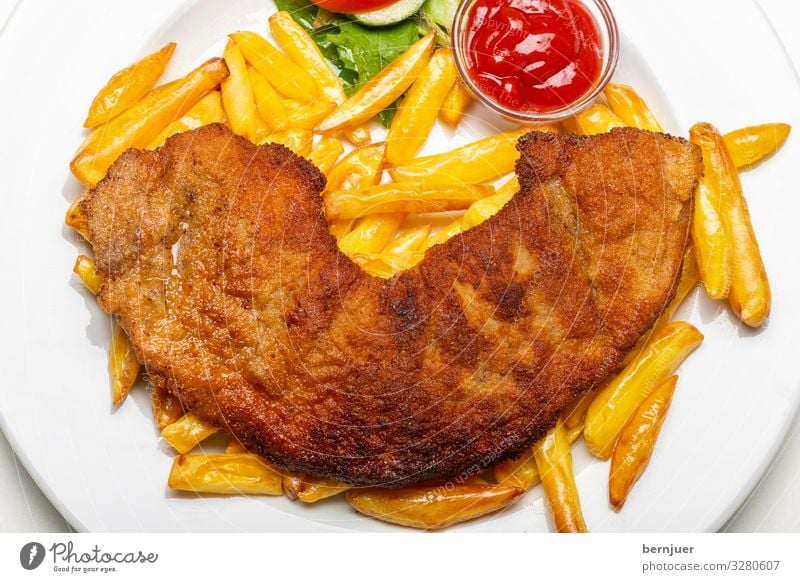 Wiener Schnitzel Fleisch Festessen frisch lecker Kalbsschnitzel Schweineschnitzel Hähnchenschnitzel Haushuhn Kalbfleisch Schweinefleisch Ketchup Pommes frites