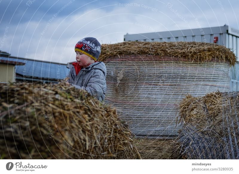 Im Stroh Freizeit & Hobby Spielen Ausflug Bauernhof Kind Junge 1 Mensch 1-3 Jahre Kleinkind Wolken schlechtes Wetter Strohballen Jacke Mütze Bewegung entdecken