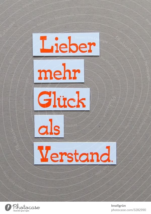 Lieber mehr Glück als Verstand. Schriftzeichen Schilder & Markierungen Kommunizieren grau orange weiß Gefühle Wunsch Sinnspruch Kalenderspruch Farbfoto