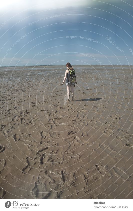 schlammspaziergang Wattenmeer Strand Schlamm Schlick Meer Nordsee Gezeiten Wasser Wege & Pfade Himmel Mensch Mädchen Jugendliche Junge Frau Spaziergang