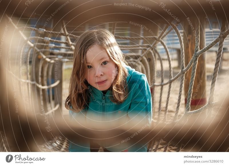 Mädchen klettert auf dem Spielplatz in einem Netz aus Tau Freizeit & Hobby Spielen Ferien & Urlaub & Reisen Ausflug 1 Mensch 3-8 Jahre Kind Kindheit Seil