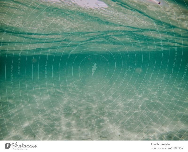 Unterwasseraufnahme im Meer, Sandiger Strand und klares Wasser. Wellenbewegungen von unten, erfrischend und sommerlich. unterwasser meer urlaub strand baden