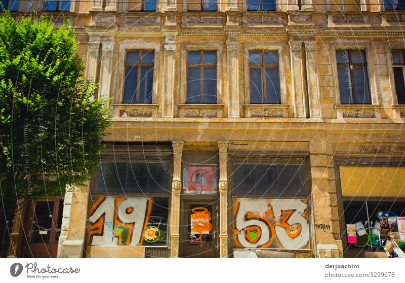 " 1953 " . Ein altes Haus , herunter gekommenes mit der Beschriftung 1 9 5 3. Ein Baum steht daneben. Design Leben Umwelt Sommer Schönes Wetter Sachsen