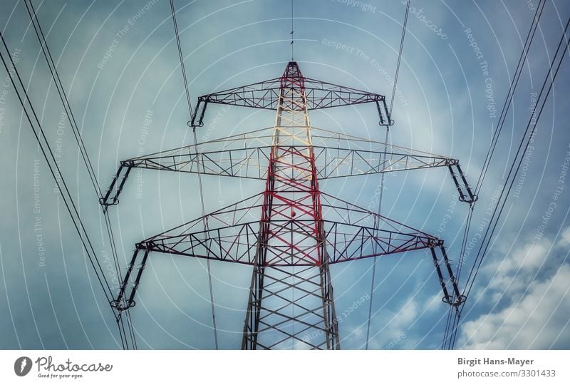 Starkstrom Energiewirtschaft Hochspannungsleitung Bauwerk Fortschritt Symmetrie Umwelt Umweltschutz Zerstörung Strommast Elektrizität Farbfoto Außenaufnahme