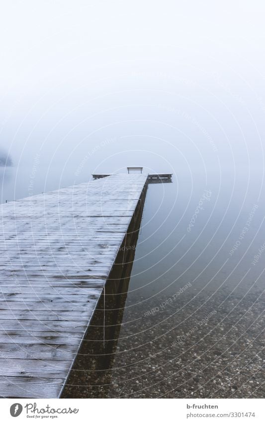 Nebelwetter harmonisch Erholung ruhig Meditation Winter schlechtes Wetter Eis Frost Seeufer Denken genießen Blick warten Hoffnung Horizont Steg Wallersee