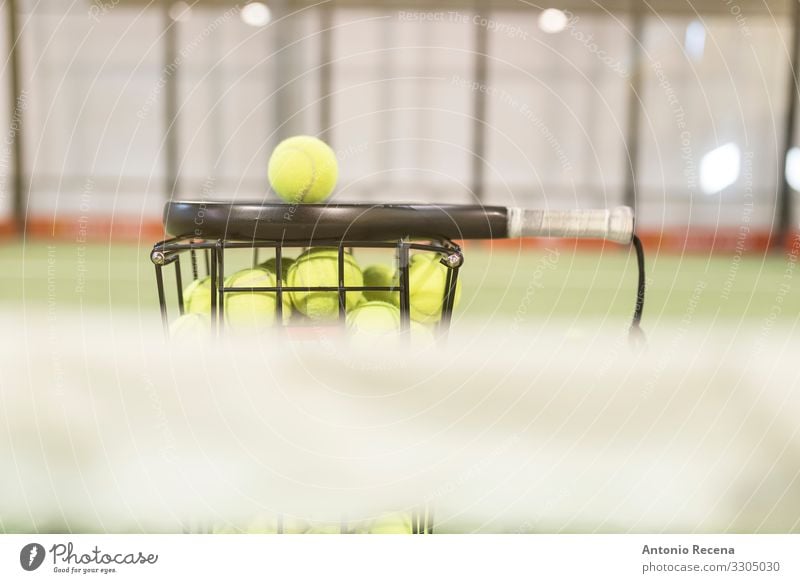 Paddle-Tennisschläger, Bälle und Korb auf dem Platz Leben Sport Ball Fitness Paddeltennis Padel Stillleben Objektfotografie Remmidemmi Gerichtsgebäude Spielfeld