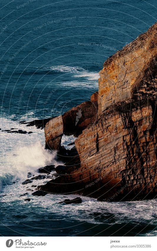 Steile Felsküste mit Brandung Wasser einsam Bretagne Weitwinkel Tag Außenaufnahme braun blau Menschenleer Landschaft außenaufname Felsen Meer Brücke Mauer