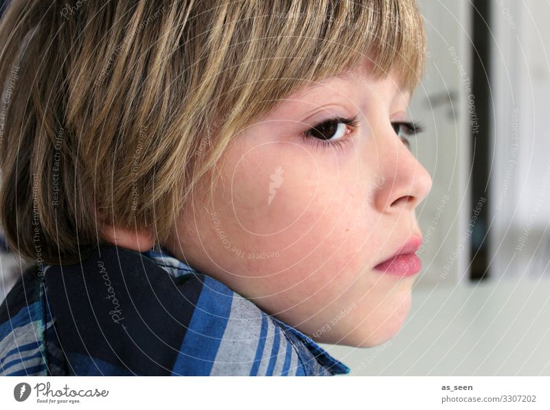 . Junge 8-13 Jahre Kind Kindheit Hemd blond Blick sitzen authentisch natürlich blau schwarz Stimmung ruhig Müdigkeit Unlust Senior Farbe Gelassenheit Identität