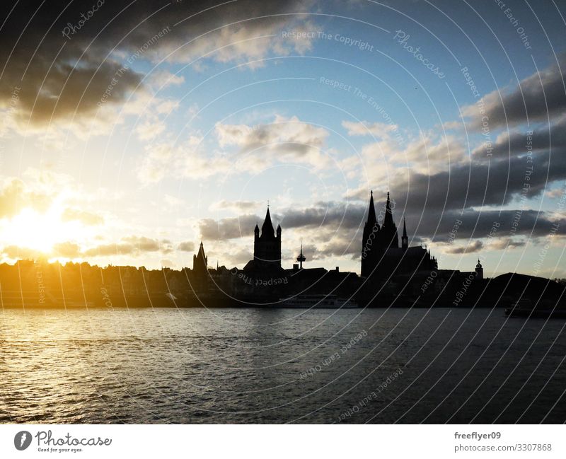 Silhouette des Kölner Doms und seiner Umgebung Sonne Wärme Deutschland Skyline Kirche Rathaus Gebäude hoch urban Kathedrale Großstadt Stadtbild Rhein Kuppel