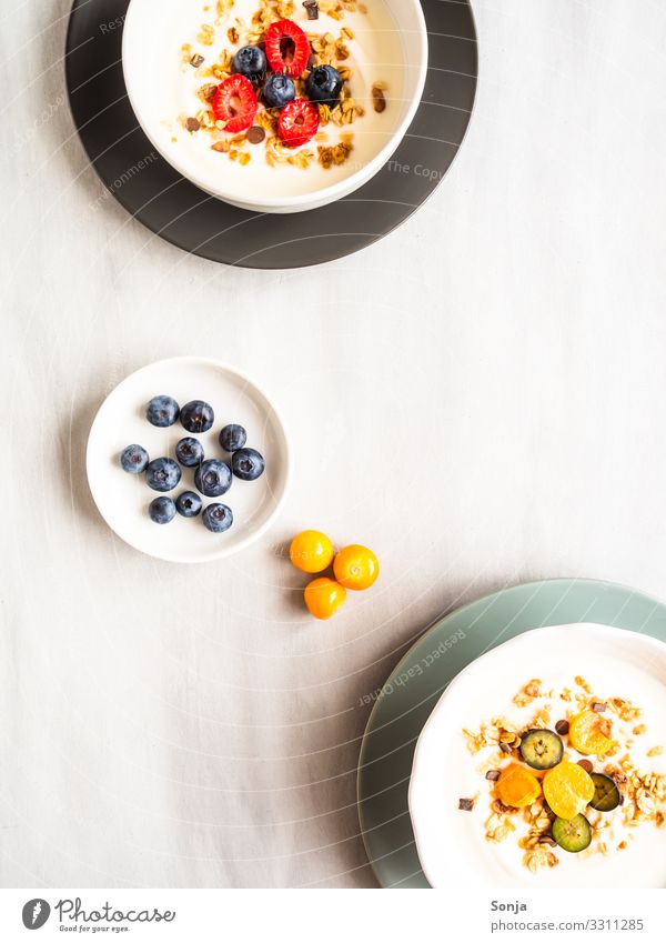 Gesundes Frühstück mit Joghurt, Müsli und Obst Lebensmittel Frucht Himbeeren Blaubeeren Physalis Ernährung Bioprodukte Vegetarische Ernährung Diät Geschirr