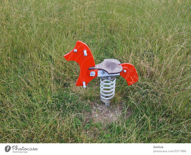 kinderfreundlich Freizeit & Hobby Spielen Spielplatz Schaukelpferd modern Wiese Spielzeug blau grün rot Gras menschenleer Kinder Kinderspielplatz