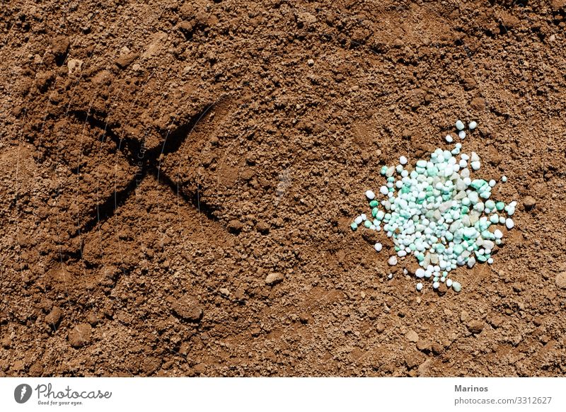 Chemischer Dünger auf dem Boden und Ex-Symbol auf dem Boden. Garten Gartenarbeit Industrie Pflanze Erde Wachstum grün Düngung Chemikalie Stickstoff Phosphat