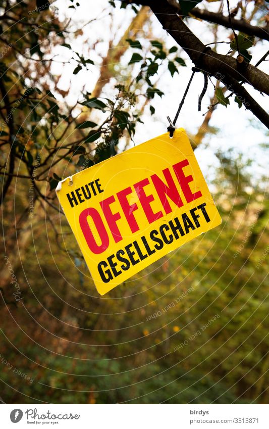 Offene Gesellschaft Wald Schriftzeichen Schilder & Markierungen Hinweisschild Warnschild Kommunizieren authentisch Erfolg frei Freundlichkeit Zusammensein