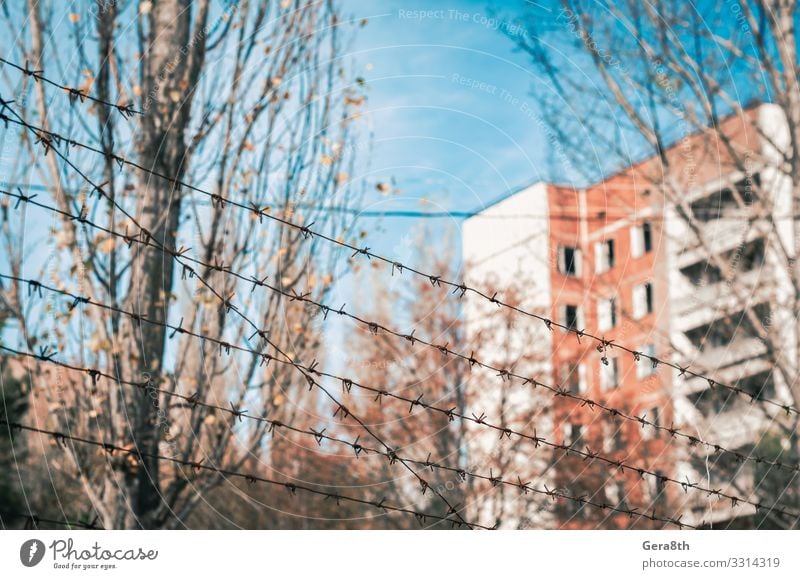 Stacheldrahtzaun und ein verlassenes Haus in Tschernobyl Ferien & Urlaub & Reisen Tourismus Ausflug Pflanze Himmel Wolken Herbst Baum Blatt Gebäude Straße