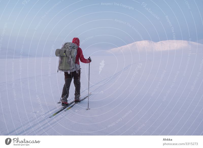 Skifahrer mit roter Jacke und grünem Rucksack in eisiger Schneelandschaft  wandert auf einsamer Skispur auf dem Weg zu einem Berg im Abendlicht