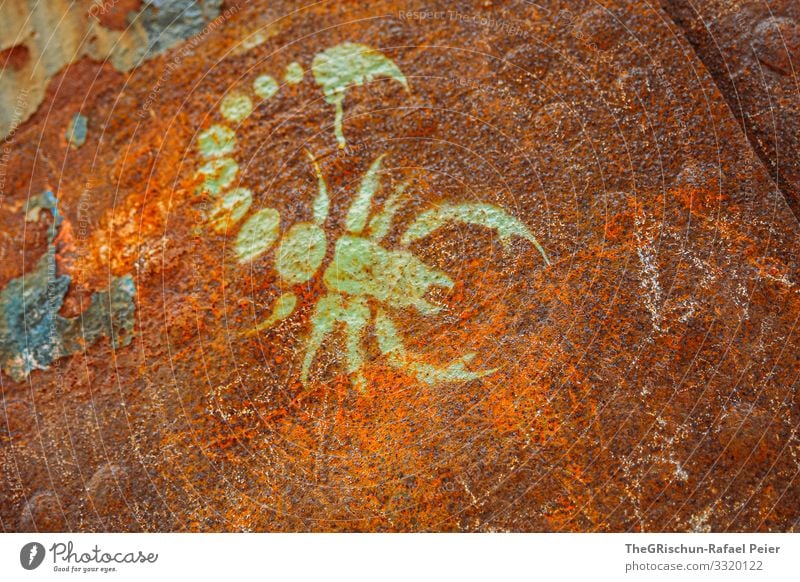 Rost Kunst braun grün Zeichnung Metall malen Skorpion verunstalten Nieten Wasserfahrzeug abblättern Farbfoto Außenaufnahme Detailaufnahme Menschenleer