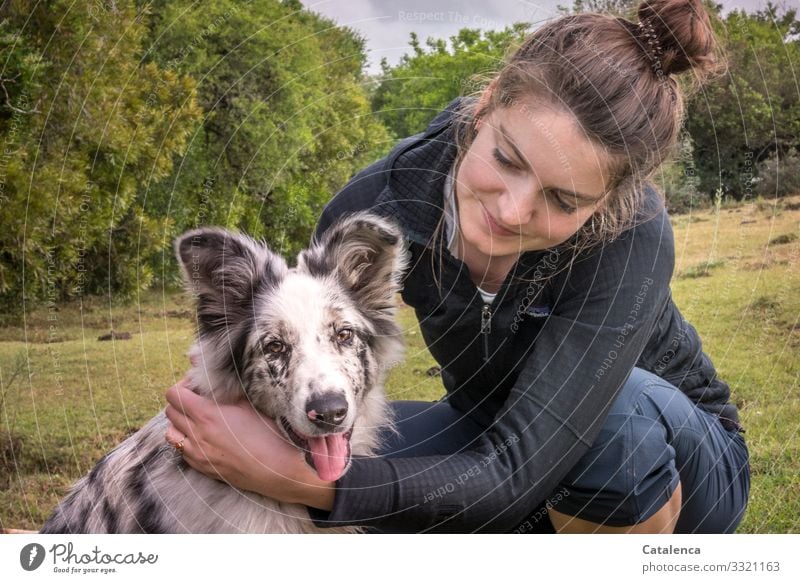 Die junge Frau umarmt lächelnd ihren Hund der interessiert in die Kamera schaut Mensch weiblich Junge Frau Tier Haustier verspielt hechelnd schauen Glück