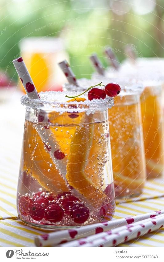 Detoxgetränke mit Orange und Johannisbeere Frucht Johannisbeeren Zucker Getränk Erfrischungsgetränk Trinkwasser Glas Trinkhalm Sommer Häusliches Leben Garten