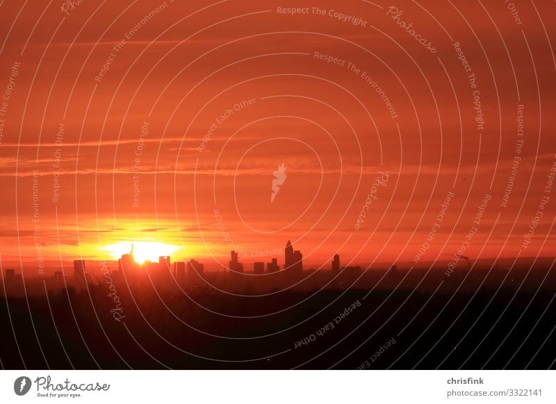 Sonnenaufgang in Frankfurt am Main Umwelt Natur Landschaft Himmel Sonnenuntergang Wetter Wärme Haus Hochhaus Bankgebäude Fabrik leuchten orange Glück