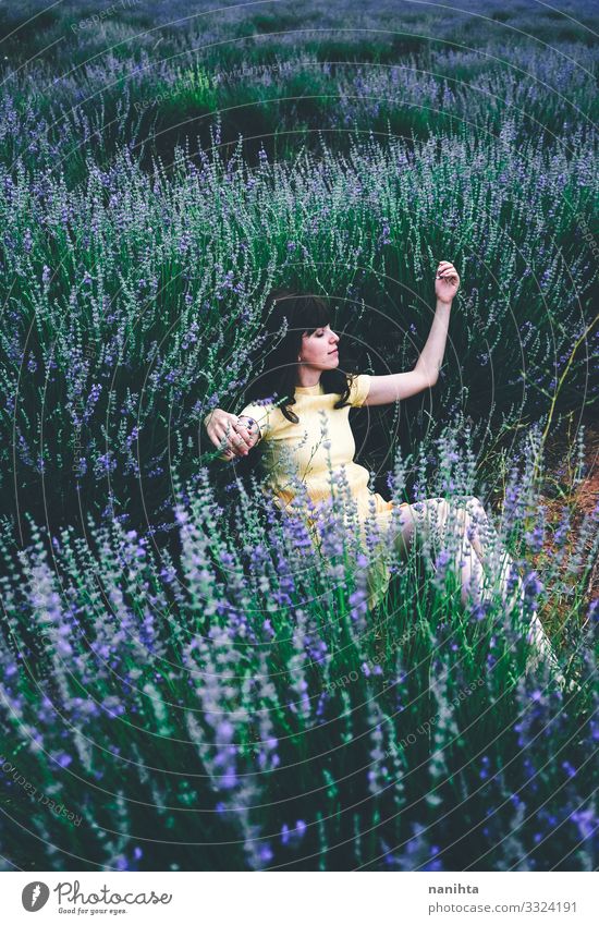 Junge brünette Frau sitzt umgeben von Lavendel Lifestyle schön Leben Erholung Windstille Freiheit Sommer Mensch feminin Junge Frau Jugendliche Erwachsene 1