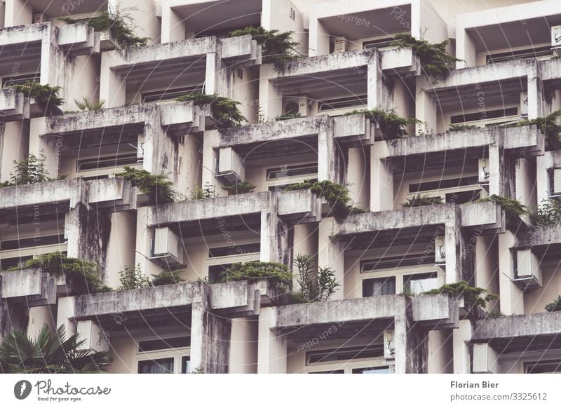 Plattenbau Beton Wohnsiedlung Haus Mauer Wand Fassade Balkon Häusliches Leben Aggression alt dreckig dunkel Zusammensein Billig hässlich kalt klein trashig