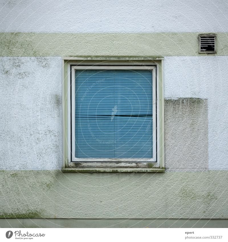 Durchblick Gebäude Mauer Wand Fenster Jalousie Rollo Stein Beton Glas alt dreckig Stadt blau grau grün stagnierend Unbewohnt Gedeckte Farben Außenaufnahme