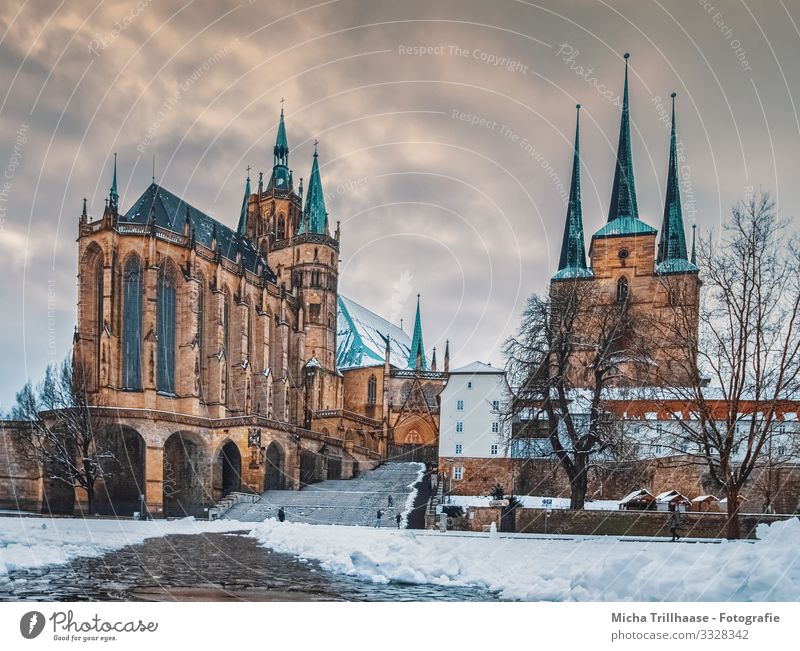 Erfurter Dom im Winter Ferien & Urlaub & Reisen Tourismus Städtereise Schnee Deutschland Europa Stadt Stadtzentrum Kirche Turm Bauwerk Architektur Mauer Wand