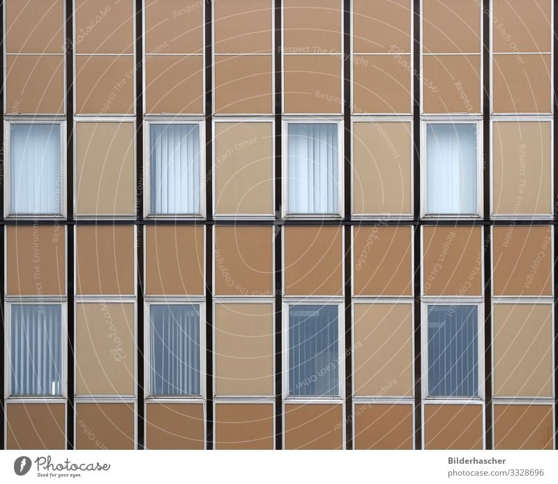 Hausfassade mit Fenstern Fensterrahmen Bürogebäude Neubau Fensterscheibe Glas Architektur Detailaufnahme braun beige Gebäude Fassade antik Rahmen Jalousie Turm