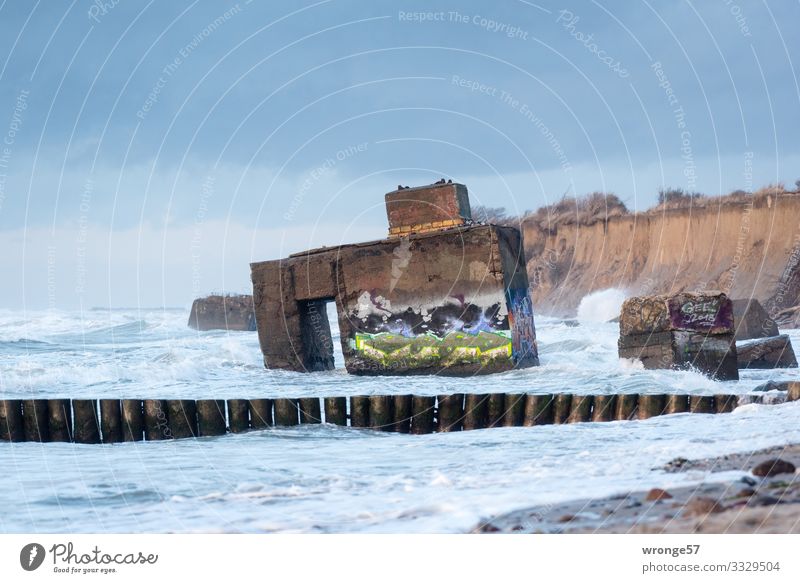 Sturmtief an der Küste Landschaft Urelemente Luft Wasser Himmel Herbst schlechtes Wetter Unwetter Wind Wellen Ostsee Insel Fischland-Darß-Zingst Sand Beton Holz