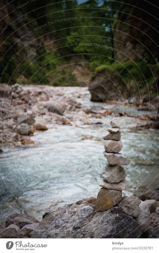 Steinmännchen am Bachufer Natur Landschaft Wasser Sommer Felsen Alpen Berge u. Gebirge Tal stehen authentisch Freundlichkeit positiv grau grün türkis Freude