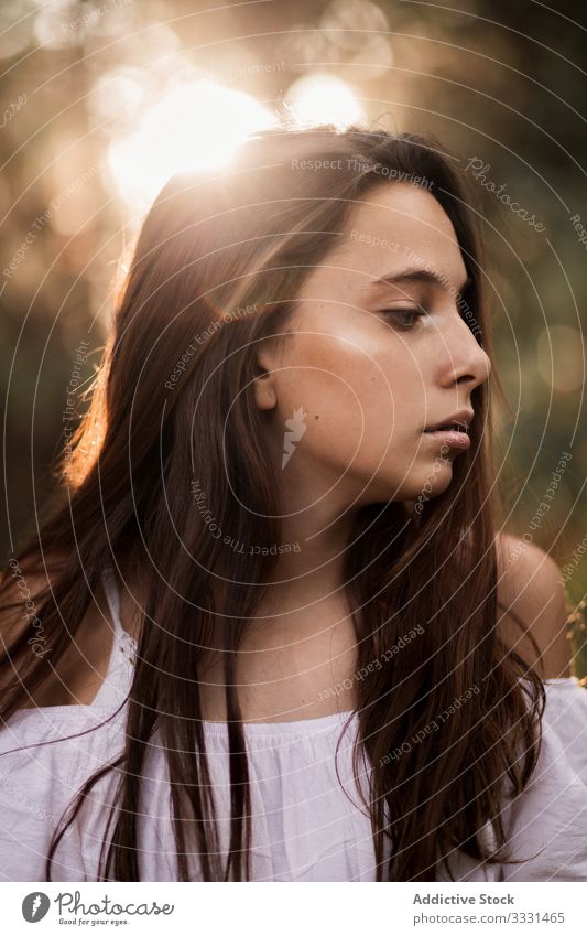 Sinnliche junge Dame in weißem Kleid Frau Porträt sinnlich charmant sanft friedlich besinnlich Vorschein Park traumhaft Stimmung fallen ruhig Lifestyle Tag