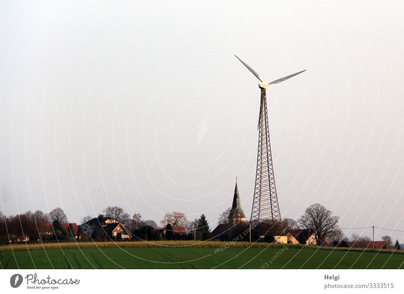 Windrad neben Kirchturm im Dorf Technik & Technologie Energiewirtschaft Erneuerbare Energie Windkraftanlage Umwelt Natur Landschaft Pflanze Winter Baum Gras