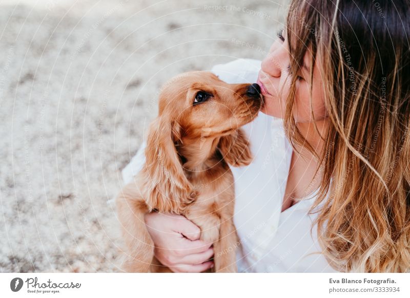 junge Frau und ihr süßer Cockerspaniel-Welpe im Freien in einem Park Hund Haustier Sonnenstrahlen Außenaufnahme Liebe Umarmen Lächeln Rückansicht Küssen züchten