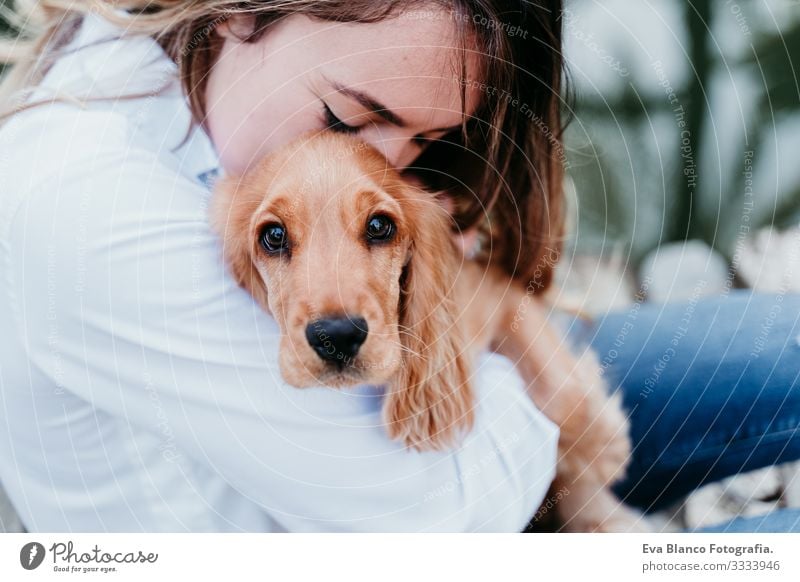 junge Frau und ihr niedlicher Cockerspaniel-Welpe im Freien Hund Haustier Park Sonnenstrahlen Außenaufnahme Liebe Umarmen Lächeln Rückansicht Küssen züchten