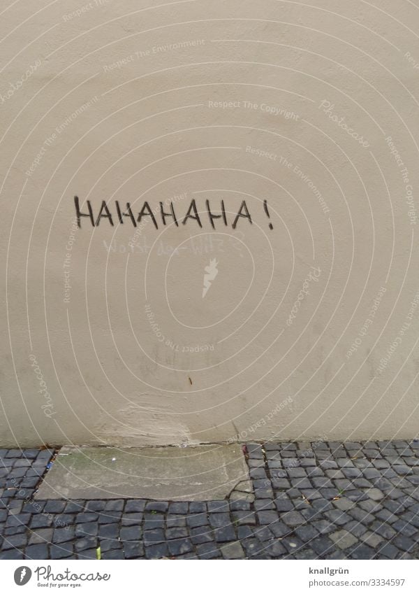 HAHAHAHA ! Stadt Mauer Wand Graffiti Kommunizieren lachen grau schwarz Gefühle Freude Stimmung Kopfsteinpflaster Farbfoto Außenaufnahme Menschenleer