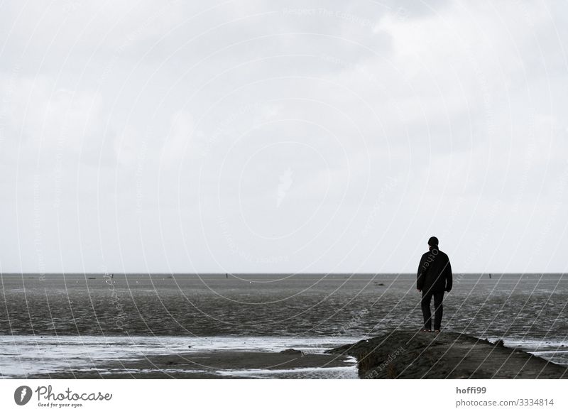 im Winter am Meee Strand Meer Insel maskulin 1 Mensch 30-45 Jahre Erwachsene Himmel Herbst schlechtes Wetter Küste Nordsee beobachten stehen warten Sehnsucht