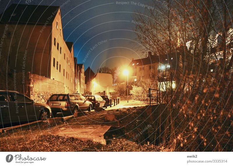 Heimleuchten Erde Wolkenloser Himmel Nachthimmel Baum Sträucher Bautzen Deutschland Kleinstadt Stadtzentrum bevölkert Haus Fenster Straße parken PKW ruhig