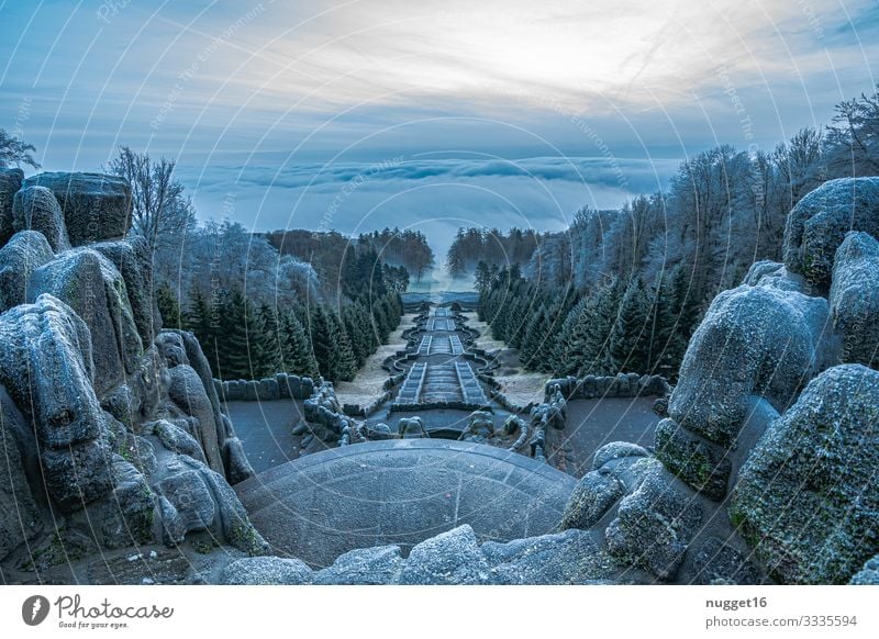 Bergpark Kassel Umwelt Natur Landschaft Himmel Wolken Sonnenaufgang Sonnenuntergang Winter Wetter Nebel Eis Frost Schnee Stadt Bauwerk Architektur