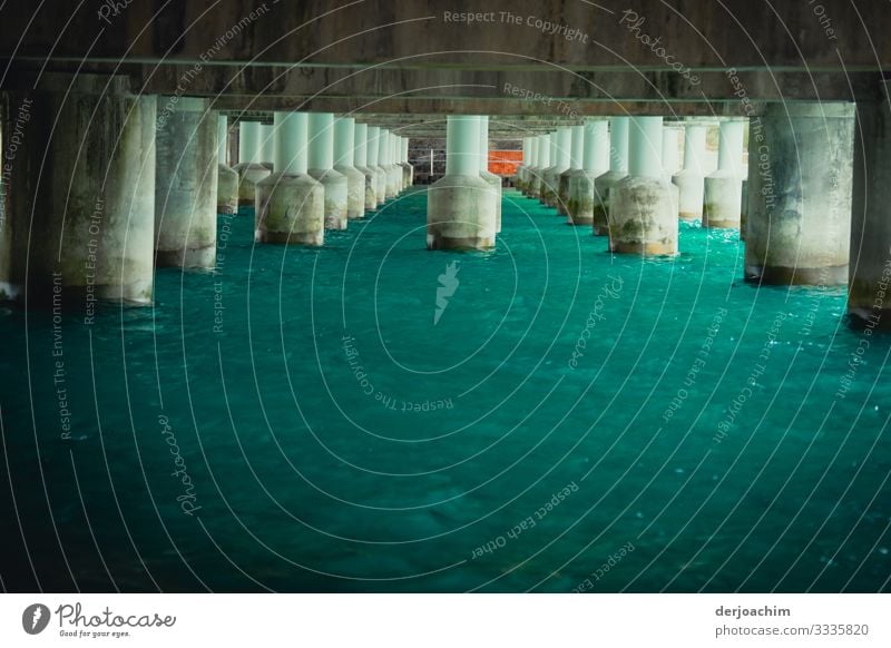 Blick unter der Brücke mit vielen Beton Pfeilern. Das Wasser ist türkis. Stil harmonisch Ausflug Brückenkonstruktion Umwelt Sommer Schönes Wetter Fluss