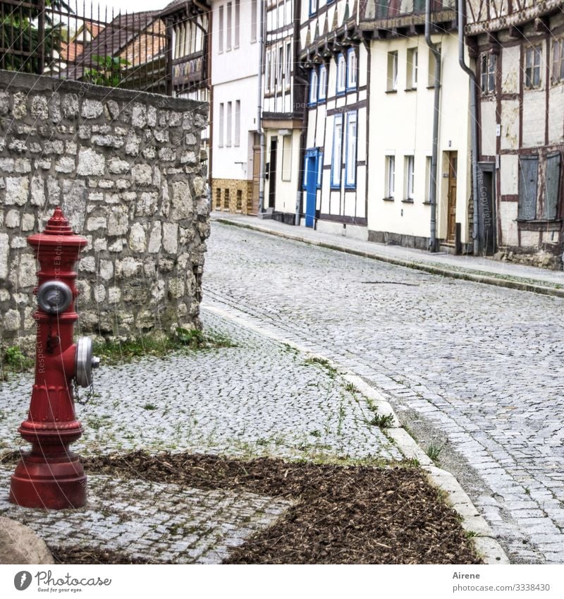 moderate Farbgebung Sachsen-Anhalt Kleinstadt Stadt blau grau rot Idylle Hydrant Fachwerkfassade Häuserzeile Kopfsteinpflaster Historische Bauten historisch