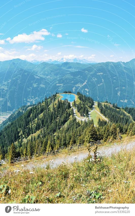 Bergpanorama mit See Österreich Berge u. Gebirge Panorama (Aussicht) Wald Himmel Blauer Himmel grün Wege & Pfade Horizont Blumen wandern Urlaub Urlaubsstimmung